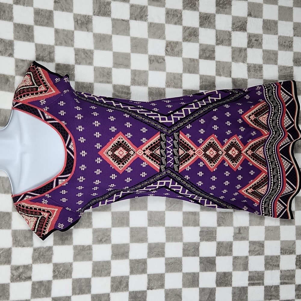 Miami boho print knit dress NWT pink purple black Aztec shirt sleeve L